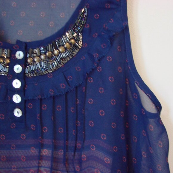 Beaded Flowy Tank Top Boho Hippie Blue Red Asymmetrical Hem Sheer Size Medium - Picture 5 of 13